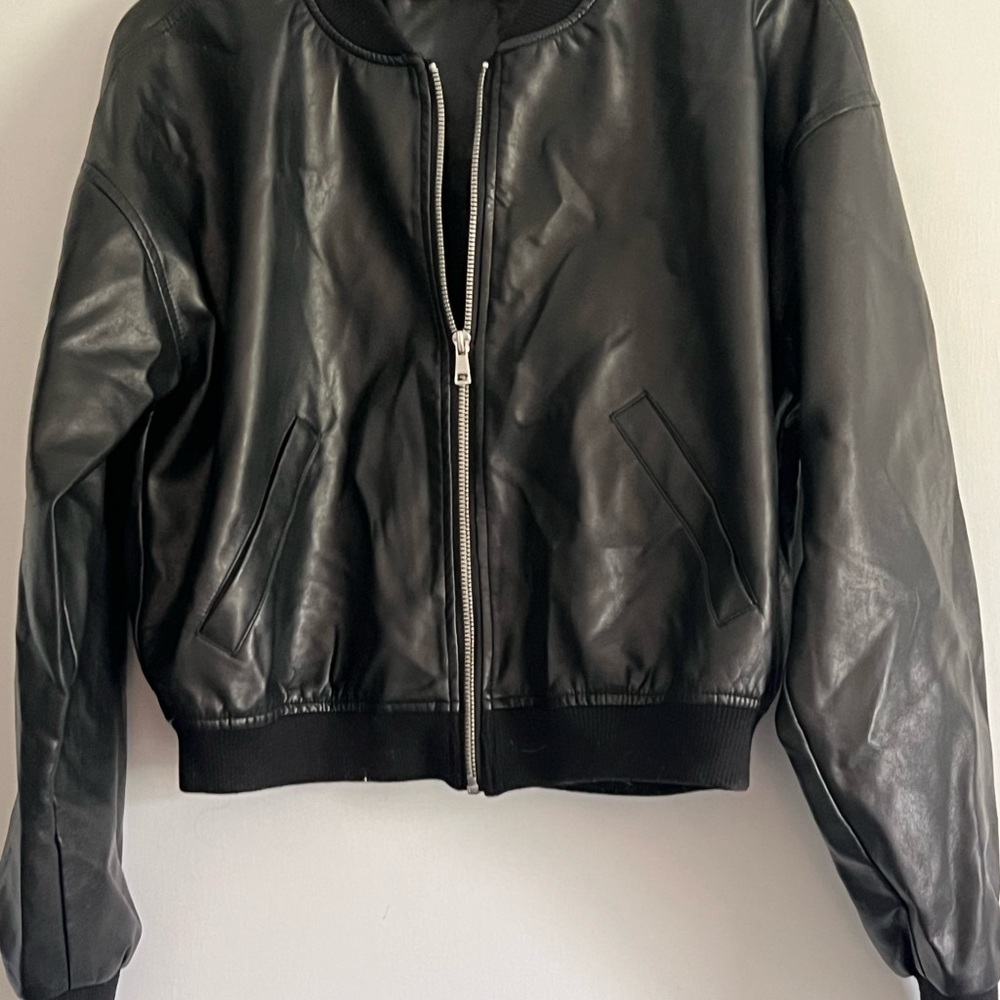 Black Faux Leather Bomber Women's Jacket